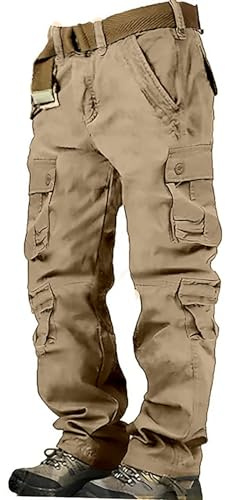 Work Trousers for Men Cargo Multi-Pockets Tactical Workwear Trouser Solid Color Loose Fit Cotton Combat Workwear Pants for Daily Work and Leisure Activities (Khaki, 30)
