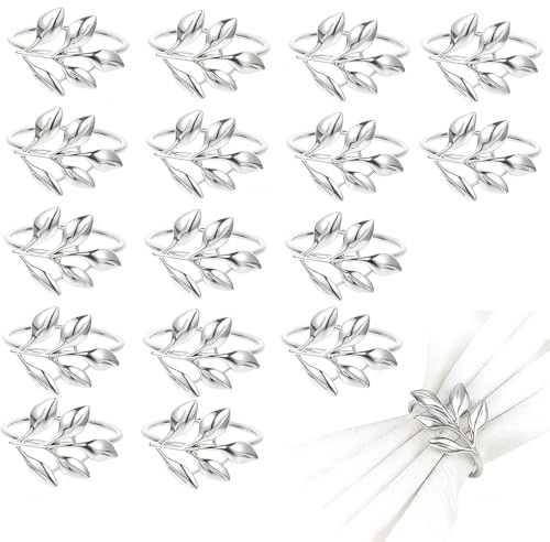 Uqingo 16PCS Silver Napkin Rings Metal Leaf Napkin Holder, Serviette Ring Holder Buckles Set for Table Decor, Wedding, Party Dinner Banquet, Valentine Day Thanksgiving Christmas Anniversary (One Size)