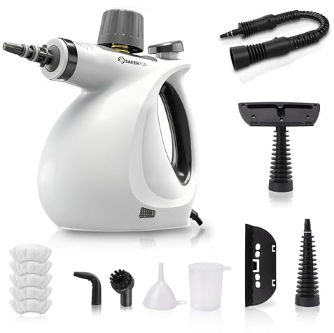 SakerPlus Steam Disinfection Cleaner, Handheld Pressurized Steamer with 9-Piece Accessories for Multi-Surface Cleaning, Natural Sanitization for Kitchen, Floor (1 x Steam Cleaner Kit + 4 Fiber Cloths)