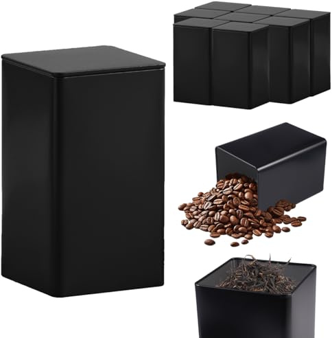 8 stycken klassiska fyrkantiga teburkar-set, 135 × 85 mm, 150 g te förvaring löst te med lock, svart tebox kan staplas i metall, modern design, för kaffebönor, också perfekt som kryddburk
