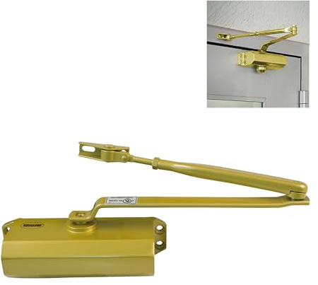 Amig - Chiudiporta per chiusura automatica delle porte di peso massimo 40 kg, larghezza max 85 cm - in alluminio con finitura oro opaco - Evita incidenti dovuti a sbattimenti o correnti d'aria, con