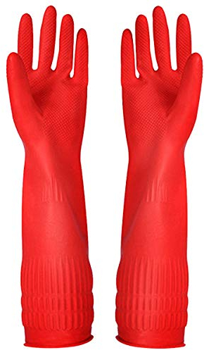 YSLON Rubber Cleaning Gloves Kitchen Dishwashing Glove 3-Pairs,Waterproof Reuseable. (Red, Large)