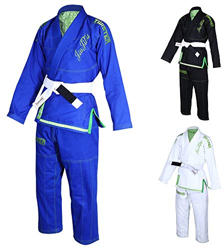 Twister Damen Brazilian Jiu Jitsu Gi, vorgeschrumpft, hochwertiger Stoff, mit weißen Gürteln und Gi Bag, W3, Blau