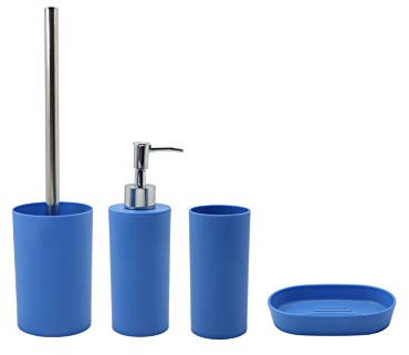 BM 4041 Set di Accessori da Bagno in Plastica, Set Accessori Bagno Completo 4 Pezzi, Dispenser, Portaspazzolino, Portasaponetta, Portascopino Blu