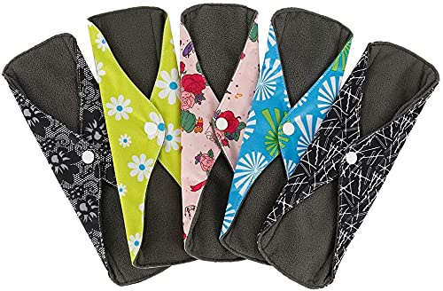 5 PCS Reusable Sanitary Pads, 18 x 25.5cm Washable Menstrual Pads Towels Panty Liners Heavy Flow Sanitary Napkin Bamboo Charcoal Hygiene Cloth for Women Day and Night