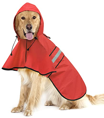 Ezierfy Waterproof Reflective Dog Raincoat - Adjustable Hooded Slicker Poncho Pet Rain Coat, Lightweight Dog Rain Jacket for Small to X- Large Dogs and Puppies (Red, Large)