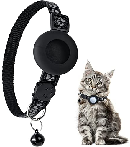 YHmall Airtag Katzenhalsband mit Glocke, Reflektierendes Verstellbares Halsband Katze Mit Airtag Schutzhülle, Katzenhalsband Kompatibel mit Apple Airtag