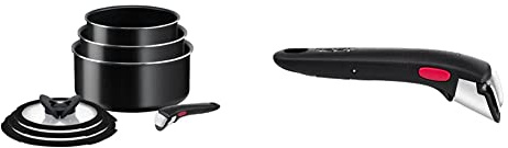 Tefal Ingenio Easy ON Try-Me Pan Set, 7 Pieces, Stackable, Removable Handle, Black, L1599602 & Ingenio Black Handle, Stackable, Removable, 100 Percent Safe, 10 Year Guarantee, L9863342