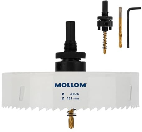 MOLLOM (152mm | 6) Scie-cloche bimétal HSS M42 avec 8% de cobalt avec 2 forets pilotes et mandrin, coupe lisse pour PVC, plaque de plâtre, bois, plastique, plaque de plâtre, caoutchouc