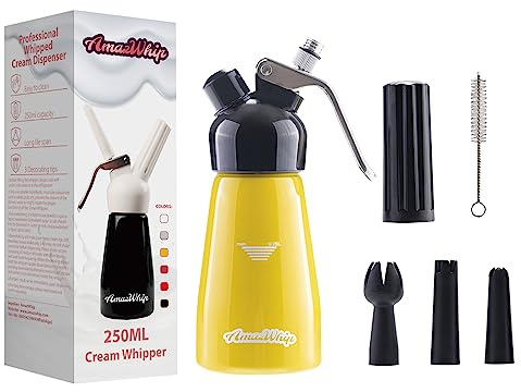 AMAZWHIP 250ML Cream Dispenser For All Cold Applications-Durable Aluminum Alloy Cream Whipper With 3 Decorating Nozzles & 1 Cleaning Brush (Yellow)