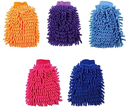 Yurosiay 5 Stück Mikrofaser Autowaschhandschuhe Doppelseitig Weich Chenille Handschuh Auto Extrem Saugstarke Zottelhandschuh Felgenhandschuh Waschhandschuhe für Autopflege Autowäsche 15×22cm
