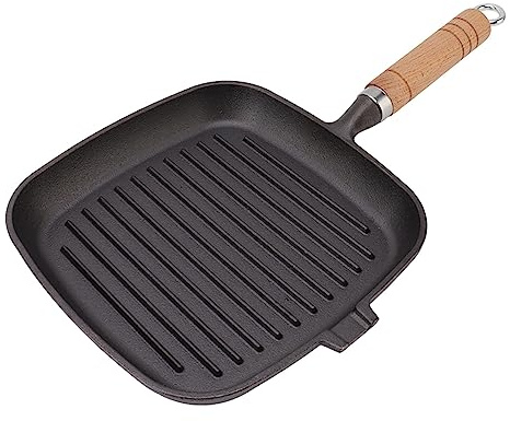 Cast Iron Skillet with Wooden Handle, Non Stick Cast Iron Grill Pan Nonstick Grill Pan for Meats Steak Fish, Multifunctional Frying Pan Fast Heating