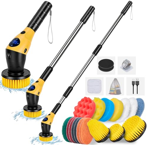 WADEO Electric Spin Scrubber, Cordless Electric Scrubber with LED Light & Power Display, Electric Cleaning Brush with 17 Replaceable Brush Heads & 3 Speed Power Scrubber for Bathroom Tile Floor,Yellow
