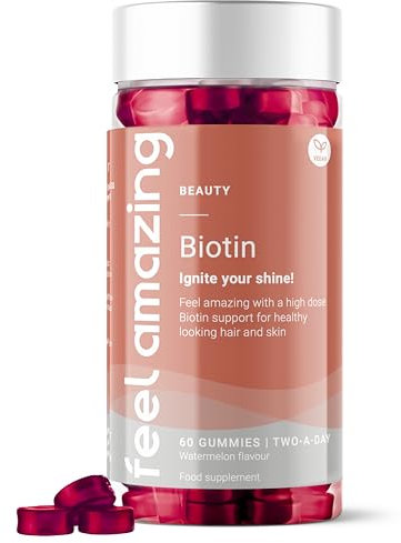 Feel Amazing Biotin Gummies - 10000µg Biotin per Serving - Vegan - Supports Skin Function & Hair Health - Watermelon Flavour - 60 Gummies