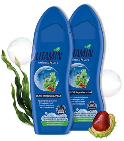 2er Pack LITAMIN Blauer Traum Duft-Pflegeschaumbad (2 x 750ml) - mit Meeresalgen & Kastanien-Essenz reinigt sanft und enthält keine Mikroplastikpartikel, ist paraben- und silikonfrei