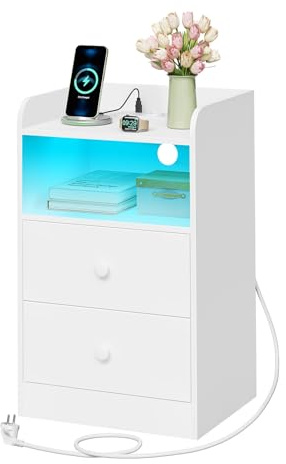 WOLTU Mesita de Noche con Estación de Carga y Luz LED, Mesa Auxiliar con Enchufes, Puertos USB, Mesa Noche de Madera con Cajones, 40x35x64 cm, para Dormitorio, Blanca, NTS07ws