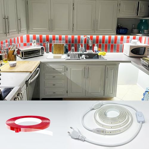 Q.Laomi LED Strip 1M, Super Hell LED Streifen 220V 230V Direktanschluss, Wasserdicht IP65 LED Leiste mit Schalter, 6000K Lichtleiste für Küche, Badezimmer, Werkbank, LED Band Kaltweiß