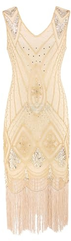 KBOPLEMQ Costume des années 20 pour femme - Robe Charleston des années 1920 - Col en V - Robe de cocktail vintage - Robe de soirée Gatsby le Magnifique, O beige., M