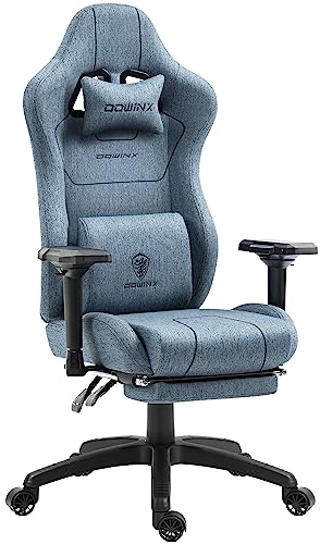 Dowinx Gaming stol i tyg med fickfjäderkudde, ergonomisk gamingfåtölj med massagefunktion, PC kontorsstol stor och hög med fotstöd, blå