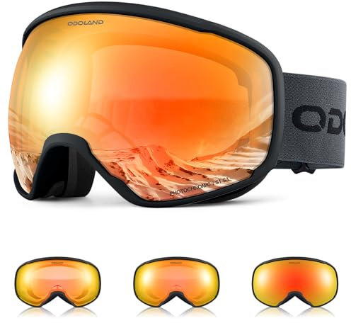 Odoland Skibrille Photochrome für sonnige und bewölkte Tage, Anti-Nebel Snowboard Brille Ski Goggles UV-Schutz für Herren Damen Selbsttönend Schneebrille
