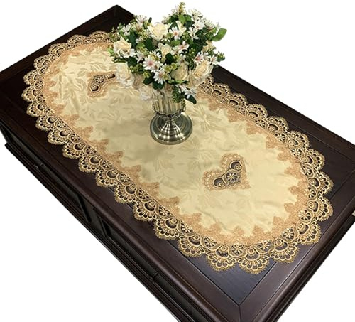 Jarsense Tischdecke, klassisch, goldfarben, oval, Spitze, Blumenmuster, 40 x 90 cm, für Küche, Wohnzimmer, Hochzeit