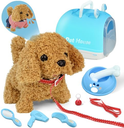 Joellfuner Elektronisches Haustier Hund, Hunde Spielzeug für Kinder mit Leine der Läuft und Bellt Schwanzwedelt, Pflege-Set, Interaktiver Welpe Hund Pädagogisches Spielzeug ab 3 Jahren Kleinkinder