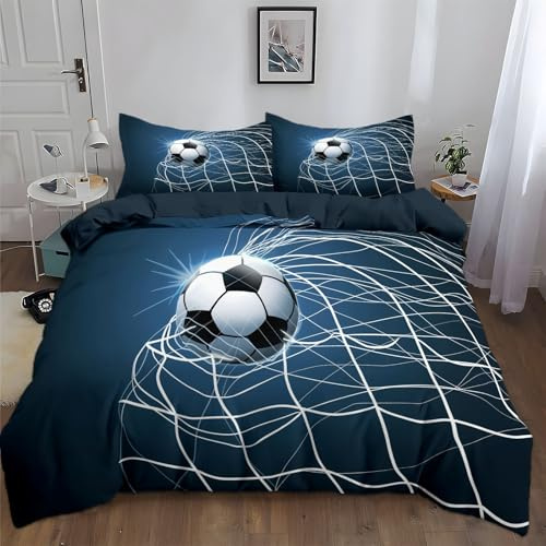 Reversibel Bettbezug Grau Blau Schmutzabweisend Sommer Bettwäsche, Reißfest 135 x 200 cm Microfaser Weiche 3-Teiliges, Sport Fußball Aktiv Team Bewegung Bedruckte Farbecht Bettbezug + 2 Kissenbezüge