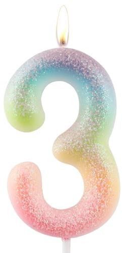 Zolunu Glitter bunte 3 Geburtstag Kerze, Geburtstag Nummer 3 Kerze Cake Toppers für Mädchen Frauen, Glitter bunte thematische Party Dekorationen liefert Geburtstagsgeschenke