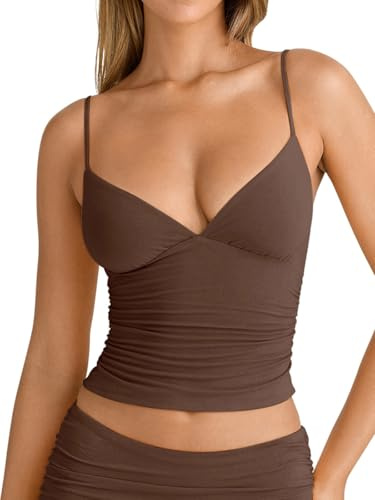 PINKMSTYLE Cami Tank Tops for Women Ruched Sleeveless Crop Tops Sexy Spaghetti Strap V Neck Camisole Top Yoga Tops Brown Small