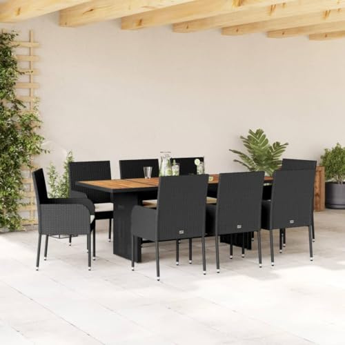 IKAYAA Rattan Gartenmöbel Essgruppe, Garten Sitzgruppe 8 Personen, Gartengarnitur Sitzgarnitur Balkongarnitur, Rattan Gartenmöbel 8 Personen Tisch Holz Stühle, Schwarz