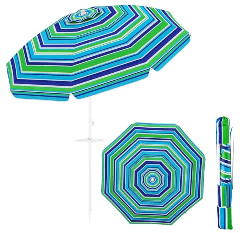 COSTWAY Parasol de Plage avec Porte-Gobelet, Parasol de Jardin Extérieur Inclinable, 200cm, Rond, Protection Solaire UPF50+, avec Pied d'ancrage à Visser & Sac de Transport (Bleu-Vert,220cm)
