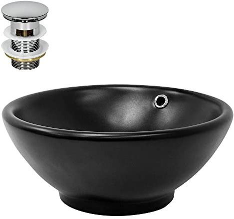 LuxeBath Waschbecken Keramik Schwarz Ø 420x170 mm rund mit Ablaufgarnitur Silber, Aufsatzwaschbecken mit Überlauf, Aufsatzbecken Aufsatzwaschtisch Waschschale Waschplatz Handwaschbecken für Badezimmer