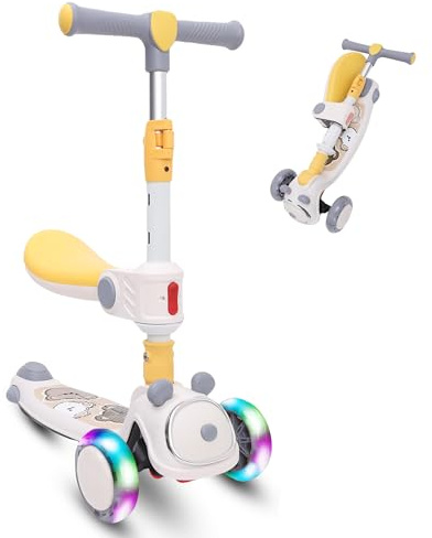 Habib Kinderroller Tretroller - 3-in-1 Faltbarer Scooter mit Sitz, LED Rädern, Verstellbar & Leicht (1-12 Jahre) - Sicher & Robust - Grau