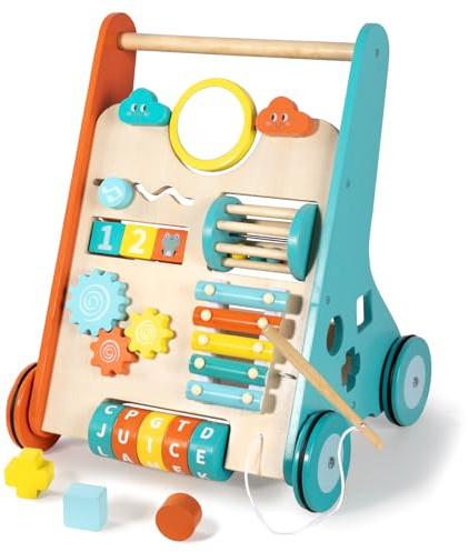 Bautia Lauflernhilfe aus Holz für 1 Jahr alte Jungen und Mädchen, 10-in-1, buntes Lern-Aktivitätszentrum für Kleinkinder, 12-monatiges Geschenk mit Formen und Spiegel