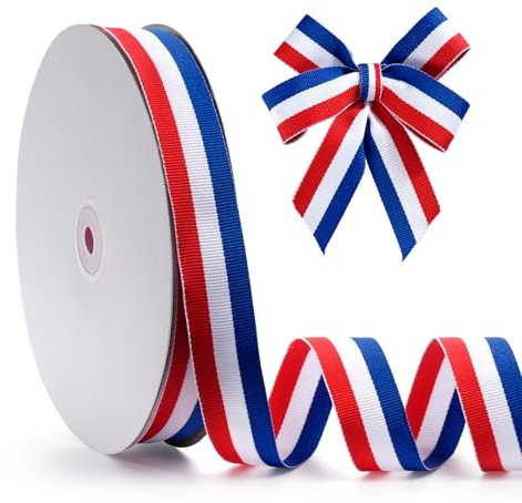 FAKILO Nastro in grosgrain a righe rosse, bianche e blu, 2,5 cm x 45,7 m, nastro patriottico a strisce bifacciali, per artigianato americano, decorazioni per cheerleader, giorno dell'indipendenza