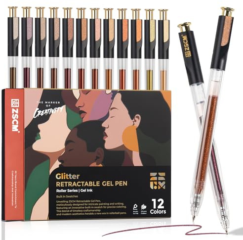 Einziehbare Glitzer-Gelstifte, 12 Farben, großes Fassungsvermögen, Hautton, Glitzer, metallische Geltinte, 1 mm feine Spitze, glattes Schreiben, Farbstifte für Erwachsene, Malbuch, Notizen