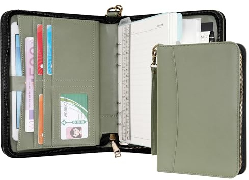 WASON Portfolio A5 Binder Journal with Zipper - Leather pu Writing Notebook Padfolio with Detachable Refillable Notebook, Legal Pad for Business Study and Travel Organizer (Green)