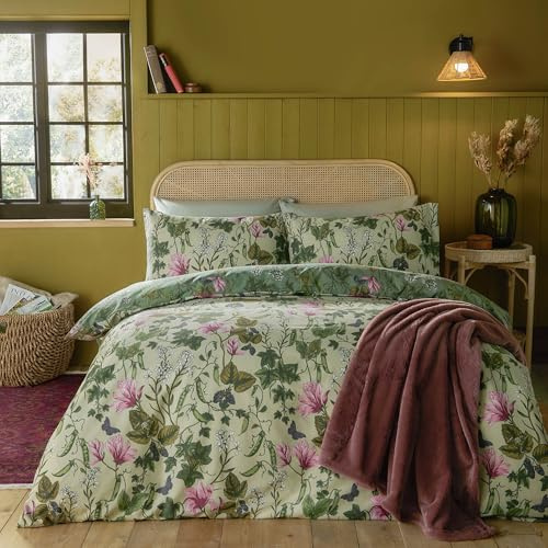 furn. Mystic Berry Set Copripiumino – Reversibile Motivo Floreale Botanico Frutta (Verde – Singolo – 137x200cm)