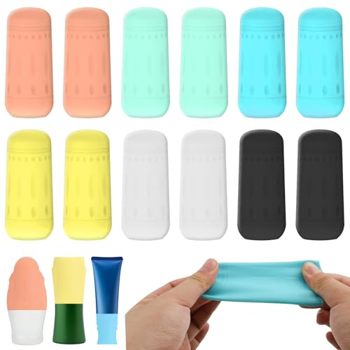 12 Stück Auslaufsichere Silikon Hüllen für Reiseflaschen- Spülmaschinenfeste Flüssigkeitsdichte Deckel für Shampoo, Duschgel & Öle, Wiederverwendbare Reisebehälter-Abdeckung