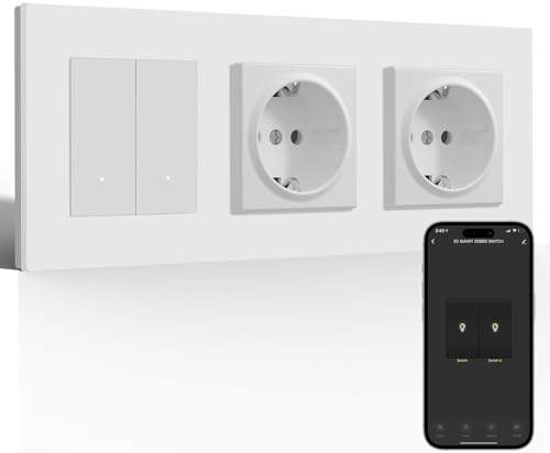 BSEED Enchufe Doble Estándar con Smart Interruptor 2 Gang 1 Vía(Requiere Cable Neutro), WiFi Interruptor Pulsador Empotrado Marco de PC Compatible con Alexa y Google Home, Blanco