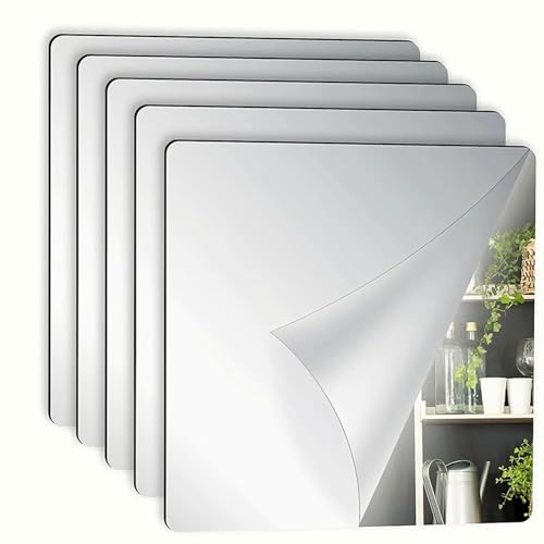 5Pcs Self Adhesive Mirror, 20x20cm Adhesive Mirrors Tiles, Stick on Mirrors for Walls, Tile Stickers Acrylic for Bathroom, Bedroom, Door, Home Decoration