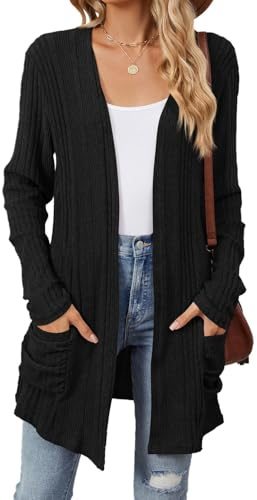 Famulily Black Longline Cardigan for Women Wear with Leggings, Ribbed Casual Solid Color Outerwear Cardigan (XXL, Black)