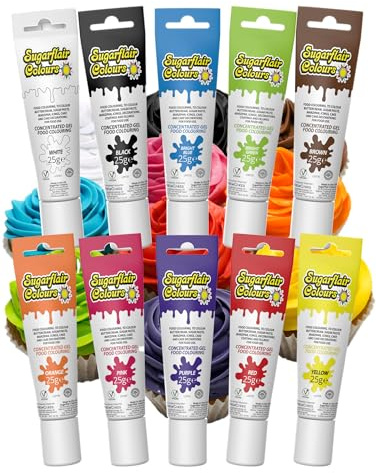 Sugarflair Essentials Food Colouring Gel Set, Multi 10x 25g - Concentrated Gel Food Dye for Cake Decorating, Buttercream, Fondant, Royal Icing - Vegan, Kosher, Bake-Stable
