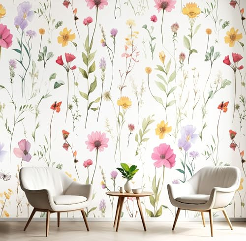 Carta da Parati Panoramica Acquerello Fiori Di Campo, Carta da Parati Seta Poster Murale Vintage Semplice, 250 x 175cm (L×H) Rosa Verde Poster Quadri Fotografici Murali Per Camera Soggiorno