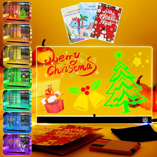 Led Zeichenbrett mit Neun Farbmodi, UPGRADE LED Zeichentafel mit Ein/Aus-Schalter, Leicht zu Reinigen, Led Maltafel mit 7 Neon-Stiften, 30x20cm, Kreatives Geschenk für Kinder