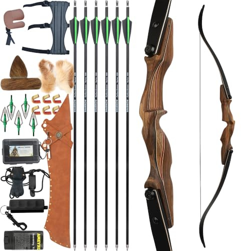 FQH Archery ILF Recurvebogen 60 Zoll 40 lbs Teilbar Abnehmbarer Holzriser für Rechtshänder Bogenschießen im Freien Jagd Schießsport mit Carbon Pfeile Set