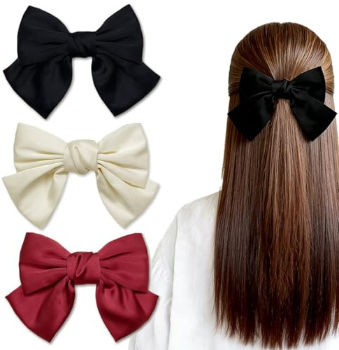 ZUWIJEQ 3 Pcs Fiocco Capelli Donna, Big Hair Clip, Fermaglio per capelli con fiocco,Raso Morbido e Setoso con Fiocco Accessori, Ferma Capelli per Ragazza con Chiusura Clip Fermaglio(Nero,Bianco,Rosso)