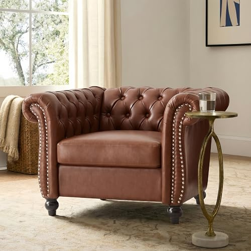 Merax Chesterfield Club Chair with Scrolled Arms and Nailhead Trim, Mid Century Modern Single Sofa Chair with Solid Wood Legs, Faux Leather Rolled Armchair for Living Room