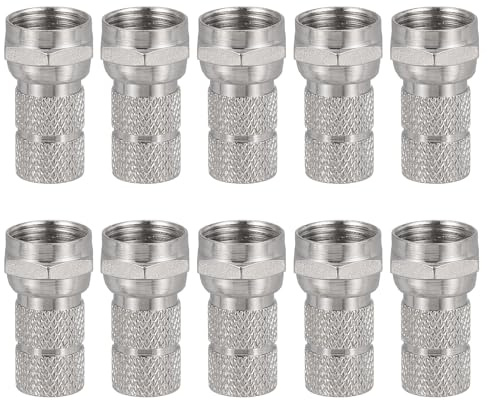 sourcing map 10 Pcs F Type Coaxial Cable Connectors, 75 Ohm Nickel Plating RG6 Coaxial Male Connector with Water Tight O Ring for Cable TV Antennas Routers Modems Satellite TV, Silver