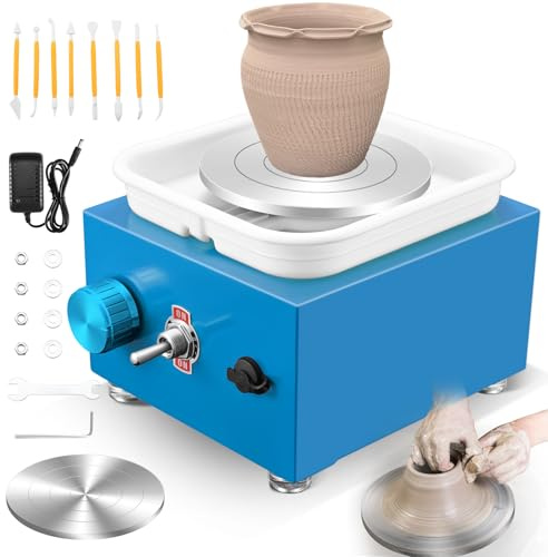 Tornio per Ceramica, Tornio per Argilla 2000 giri/min Velocità Regolabile con Piastre da 6,5/10 cm, Strumenti di Modellatura e Vasca Rimovibile, Tornio Ceramica per Bambini e Adulti, Blu